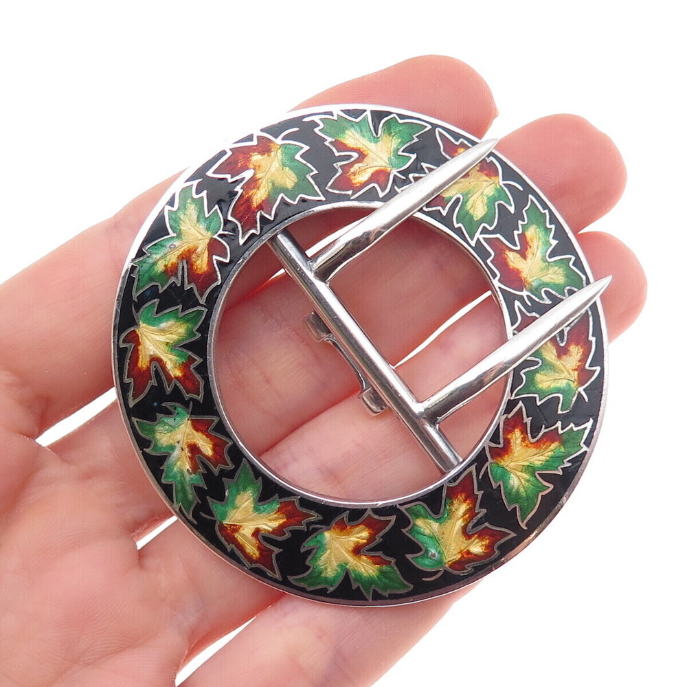 Paye & Baker 925 Sterling Silver Antique Art Deco Enamel Maple Leaf Belt Buckle